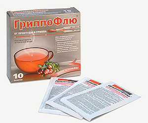 Препарат Гриппофлю от простуды и гриппа  порошок, № 10 (клюква) (в пачке). ООО "Альтфарм" Россия
